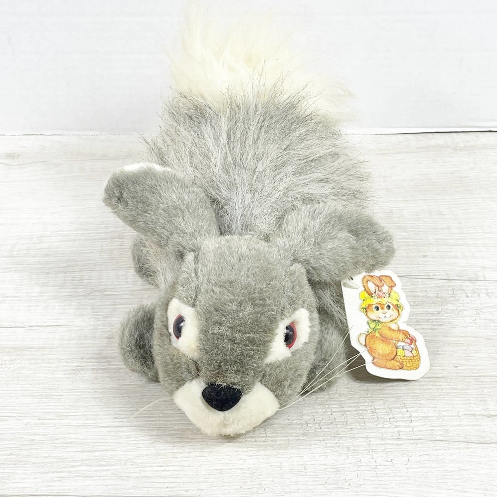 Vintage KIDS Gray White Bunny Rabbit Plush Stuffed Animal Crouching‎ Fluffy Tail